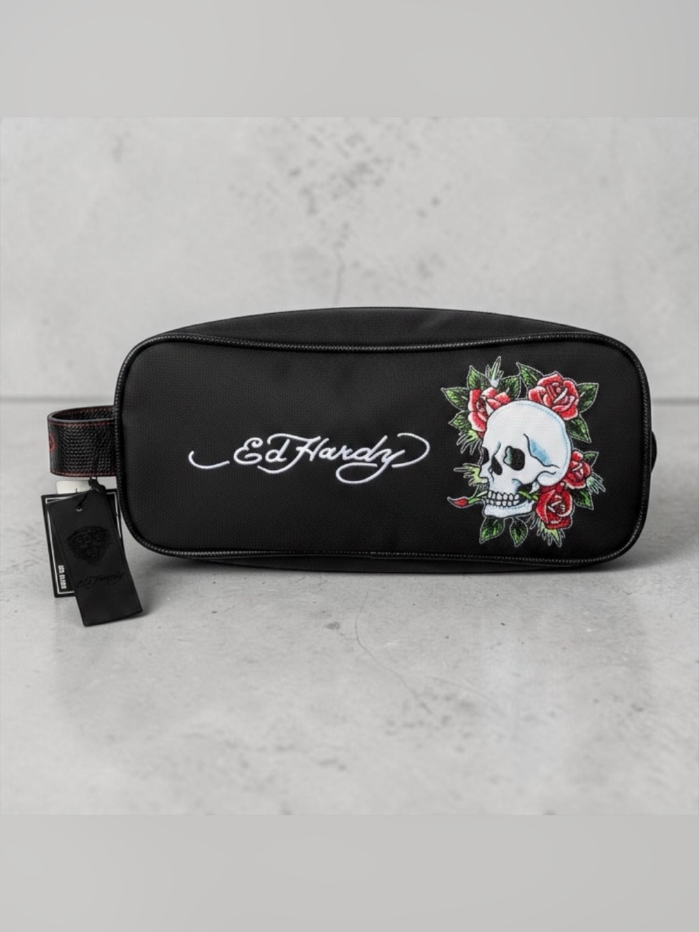 Ed Hardy Black Dopp Case with Red Rose & Skull Patch NWT